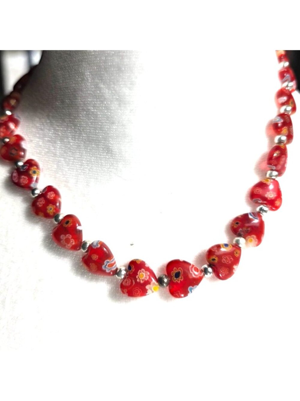 Heart Beaded Necklace Silver-Tone Spacers floral love boho fairy valentine